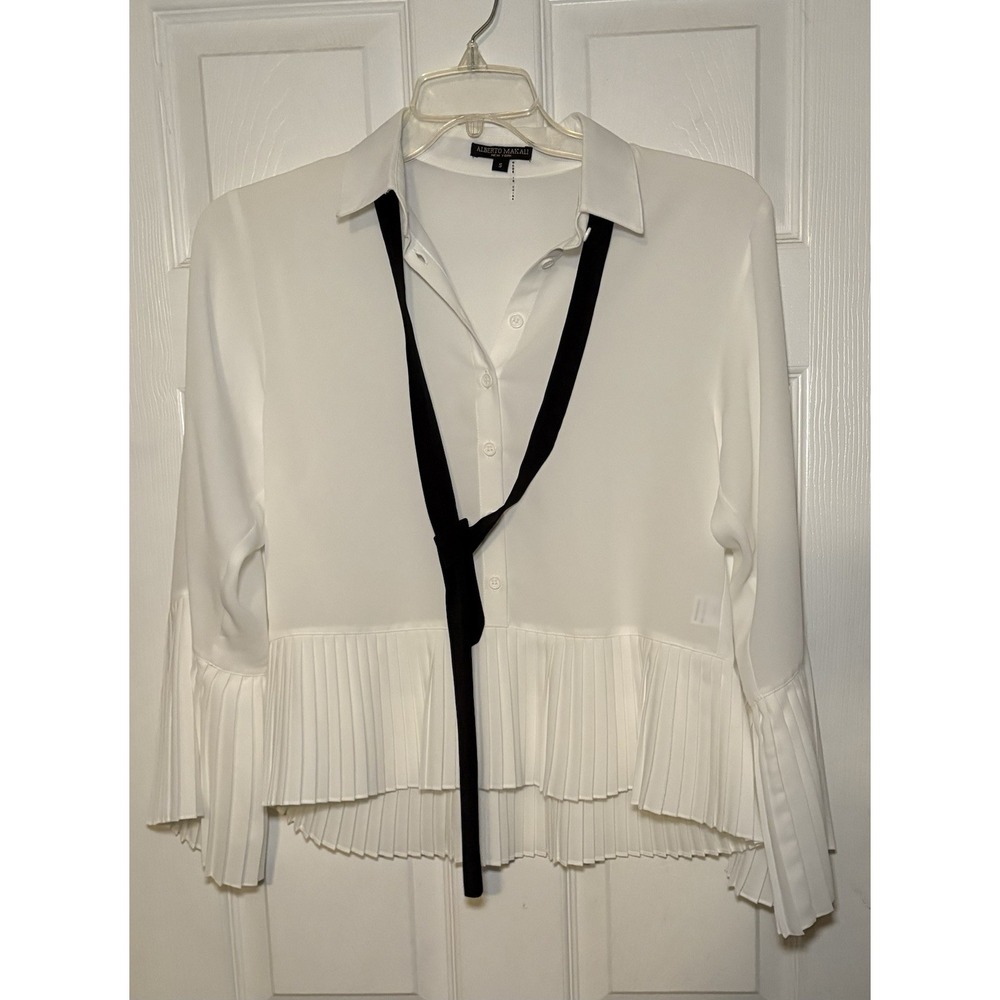 Alberto Makali Blouse White With Black Tie Peplum Size Small
